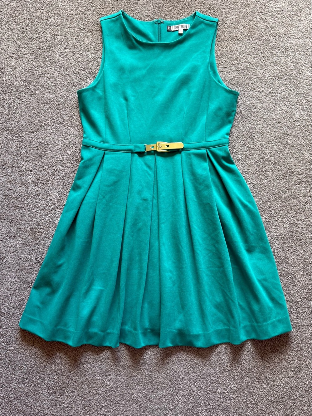 Jennifer Lopez Teal A-Line Sleeveless Midi Dress with Yellow Belt Accent